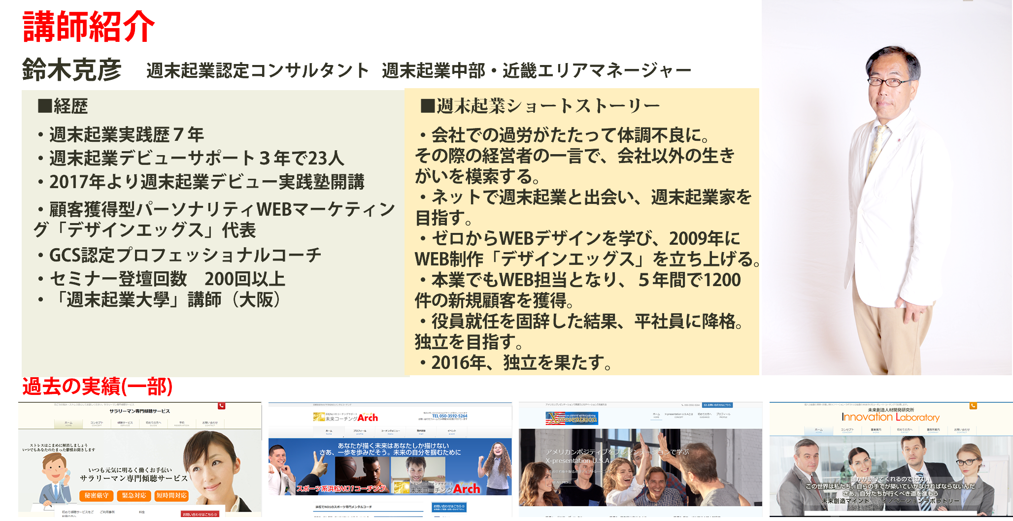 講師紹介：鈴木克彦：週末起業認定コンサルタント：週末起業中部・近畿エリアマネージャー：■経歴・週末起業実践歴7年・週末起業デビューサポート3年で23人：・2017年より週末起業デビュー実践塾開始：・パーソナリティ顧客獲得型WEBマーケティング
　「デザインエッグス」代表：・GCSプロフェッショナルコーチ：・セミナー登壇数　200回以上
・週末起業大學講師（大阪）：■週末起業ショートストーリー：・会社での過労がたたって体調不良の際の
　経営者の一言で会社以外の生きがいを模索：・ネットで週末起業と出会い、週末起業家
　を目指す
・WEBデザインを学び、2009年にWeb制作　の「デザインエッグス」を立ち上げる
・本業でもWEB担当となり5年間1200件
　新規獲得達成
・役員固辞で平社員へ降格、独立めざす
・2016年独立を果たす：過去の実績(一部)